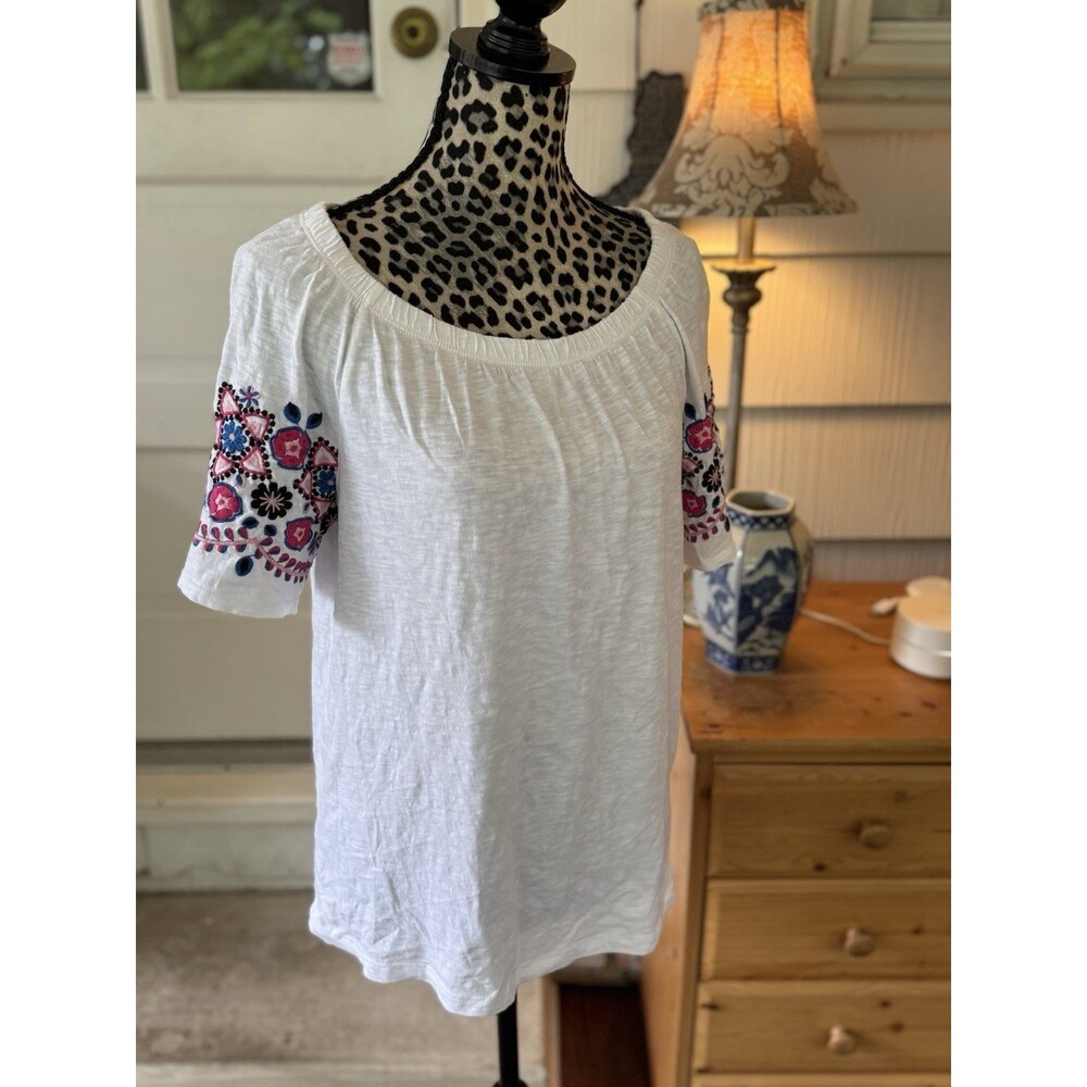 Talbots Off The Shoulder Top White Embroidered Floral Shirt Sz M Cotton Boho